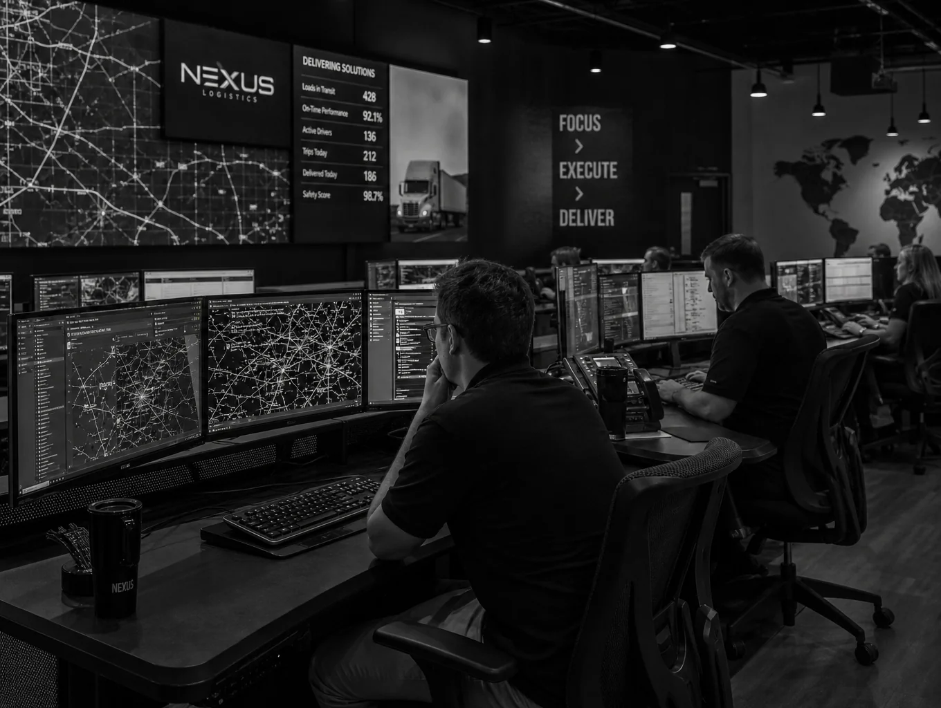 Operations command center monitoring global maritime container flows and freight data telemetry
