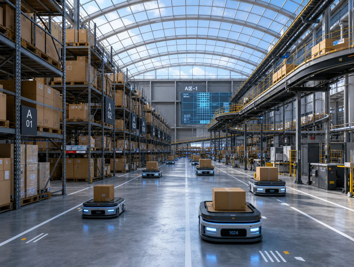 High-bay automated warehouse with robotic automated guided vehicles