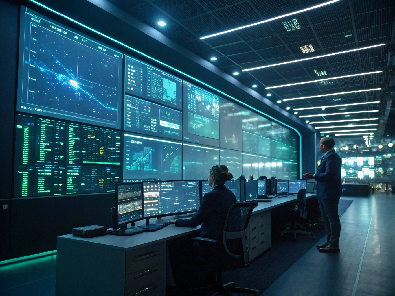 Enterprise digital control room displaying supply chain network analytics