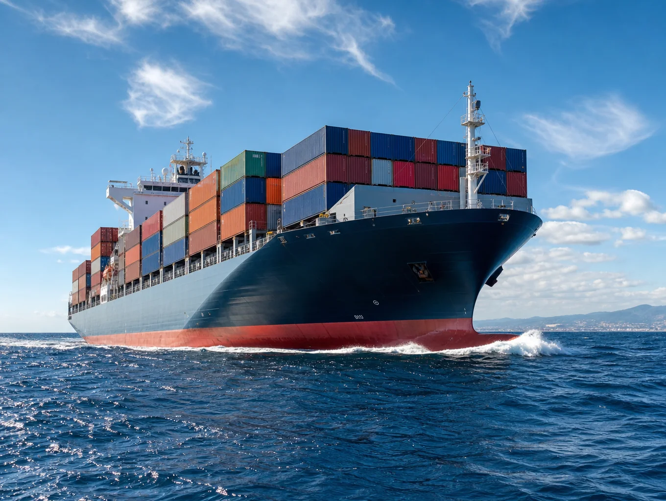 Ultra large container vessel navigating deep sea maritime corridor