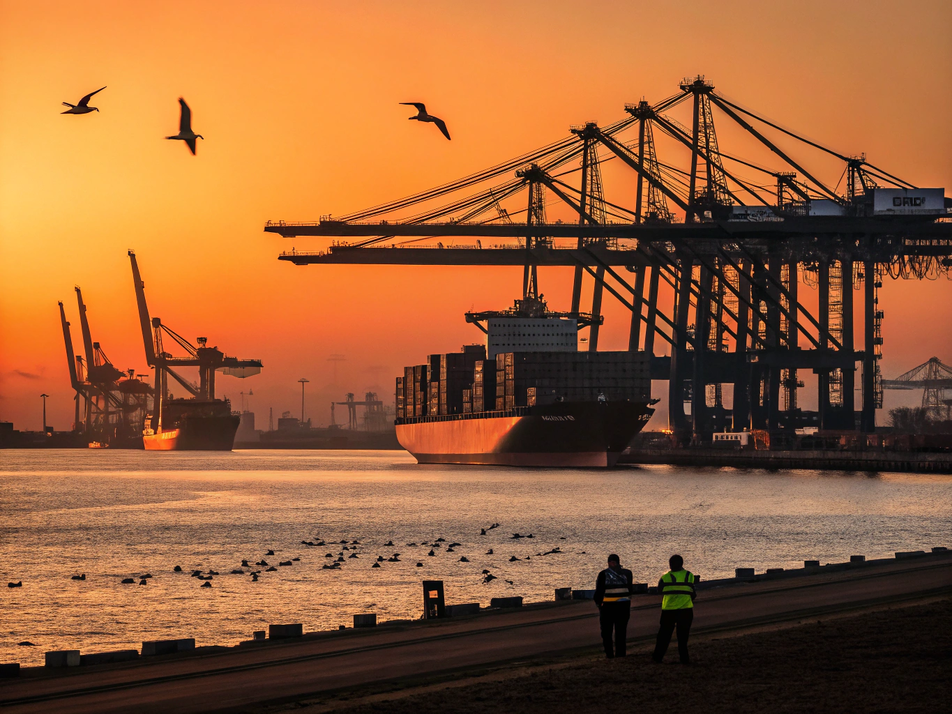 Automated container terminal gantry cranes operating at dusk