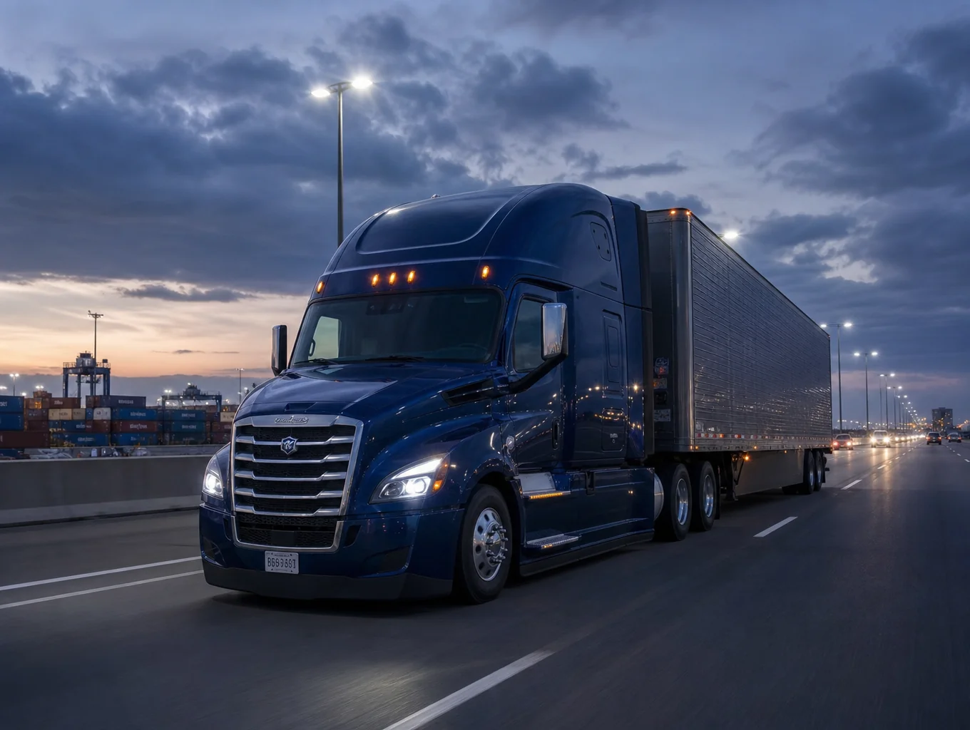 Commercial heavy freight truck operating on modern highway network